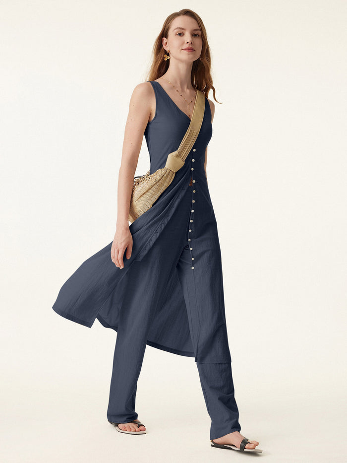 2Pcs Set V-neck Button Front Midi Vest Dress & Mid Rise Straight Leg Pant