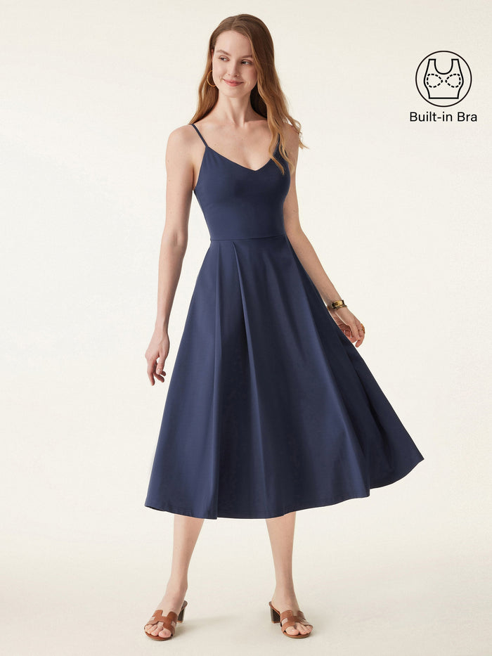 Bamboo Ponte V-neck Fit-and-flare Midi Bra Sundress with Pockets