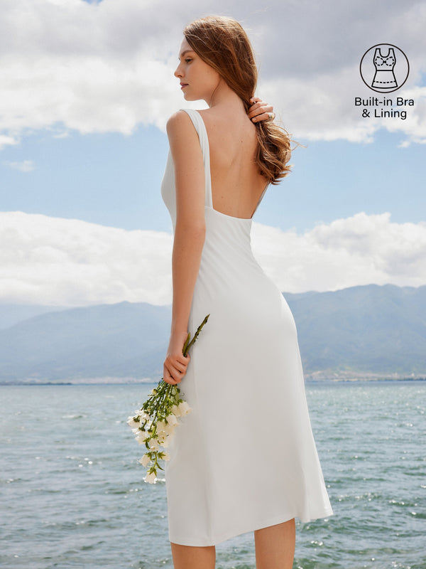 Classy Boatneck Open Back Bandless Midi Bra Dress