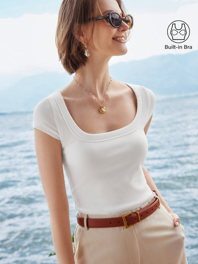 Stretch Cotton Square Neck Cap Sleeve Bra Top