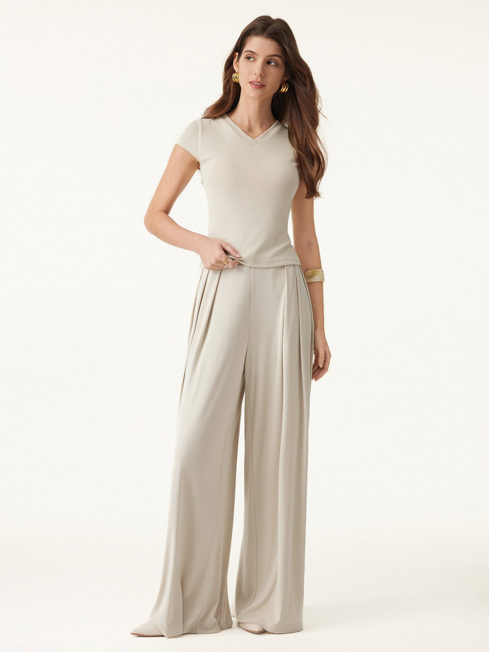 Sandwashed Mid Rise Pleated Wide Leg Palazzo Pant with Pockets