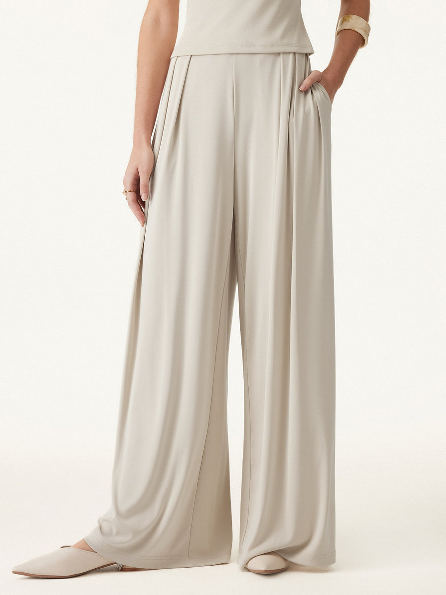 Mid Rise Pleated Wide Leg Palazzo Pants with Pockets
