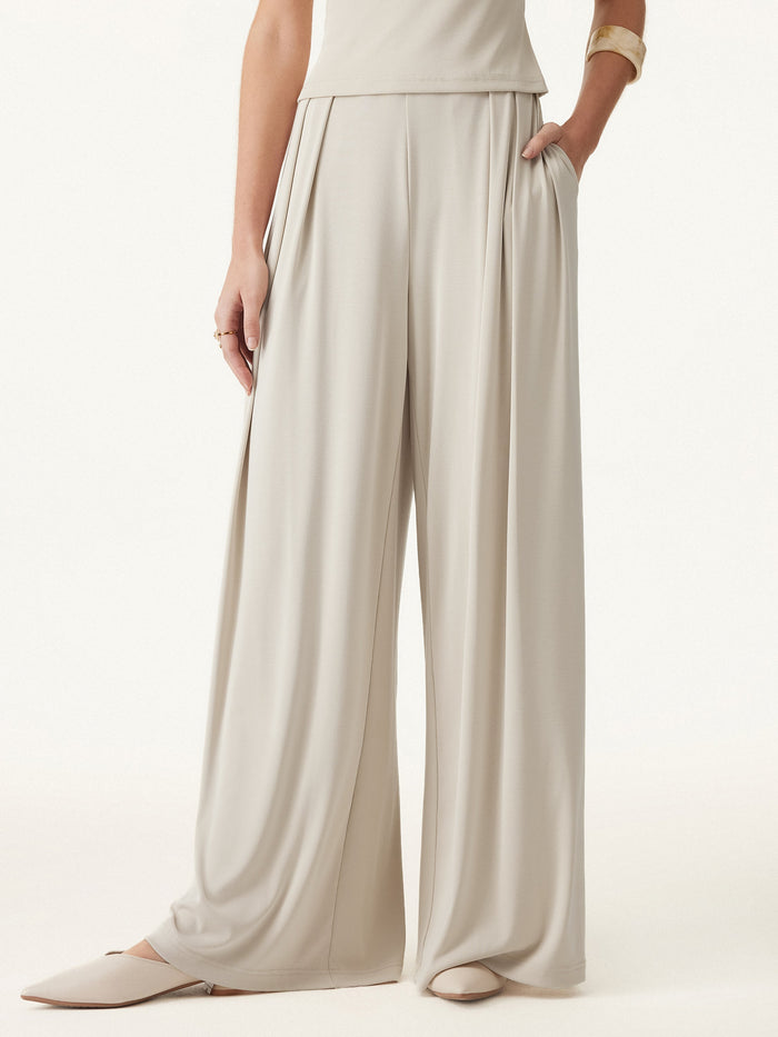 Sandwashed Mid Rise Pleated Wide Leg Palazzo Pant with Pockets