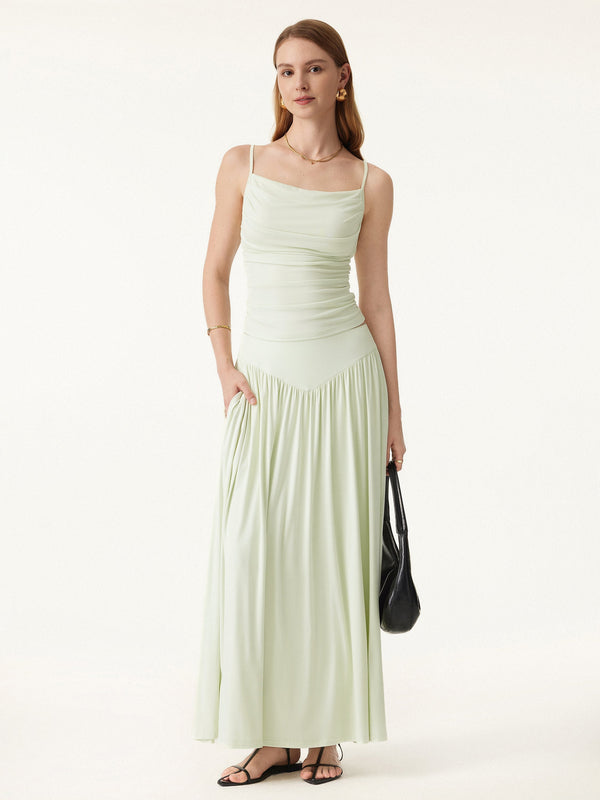 Ultrasoft V-shape Waist Gathred Maxi Circle Skirt with Pockets