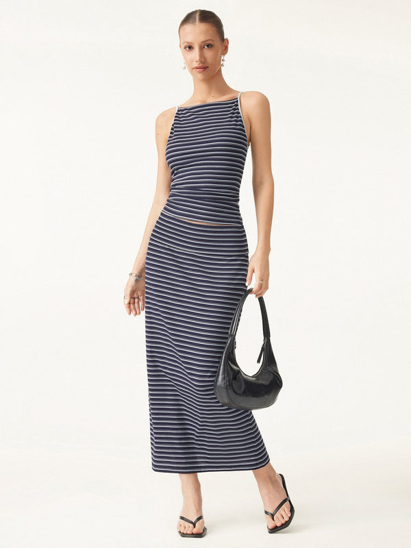 2Pcs Set Striped Spaghetti Bra Top & Low Rise Striped Midi Skirt