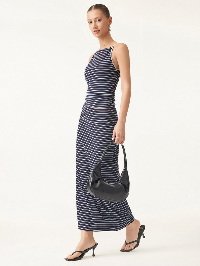 2Pcs Set Striped Spaghetti Bra Top & Low Rise Striped Midi Skirt
