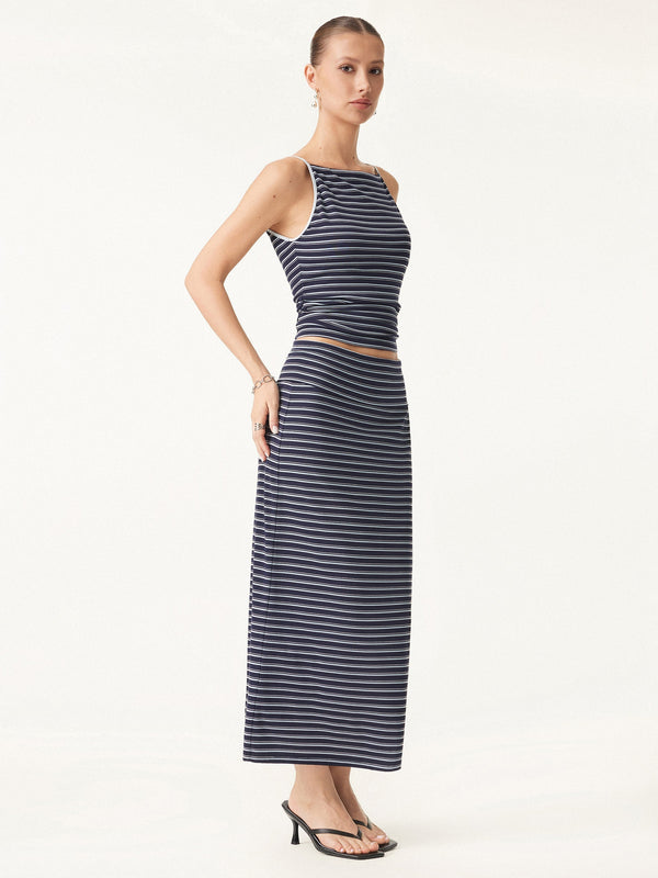 2Pcs Set Striped Spaghetti Bra Top & Low Rise Striped Midi Skirt