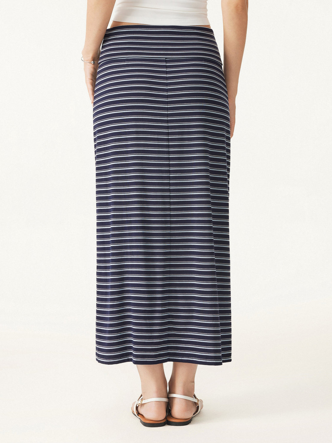 Low Rise Folded Waist Striped Midi Skirt