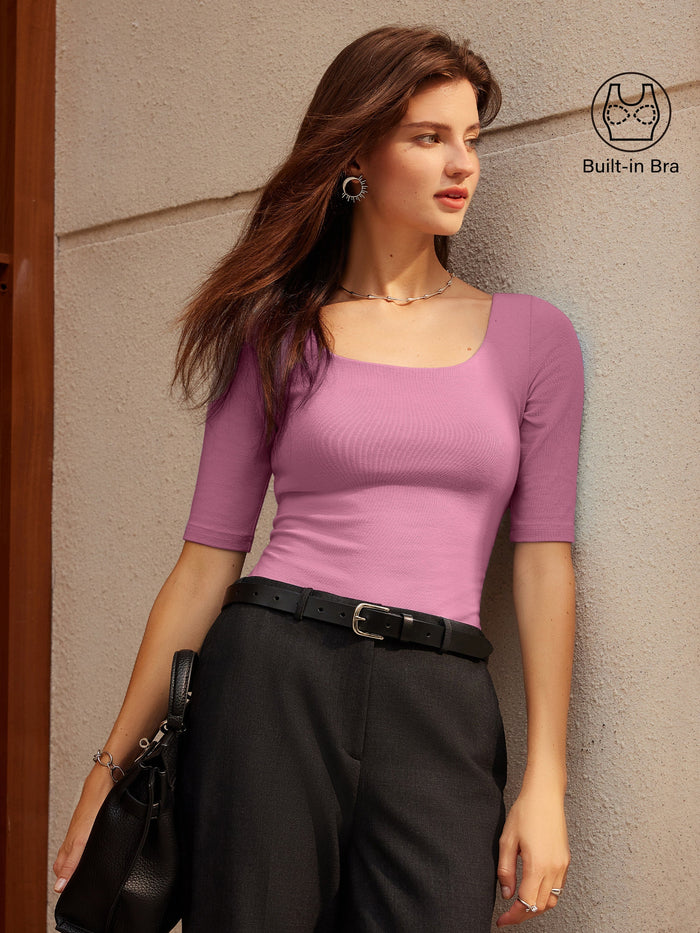 Essential Square Neck Elbow Length Sleeve Bra Top