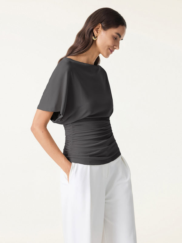 Effortless Boatneck Batwing Sleeve Side Ruched Top