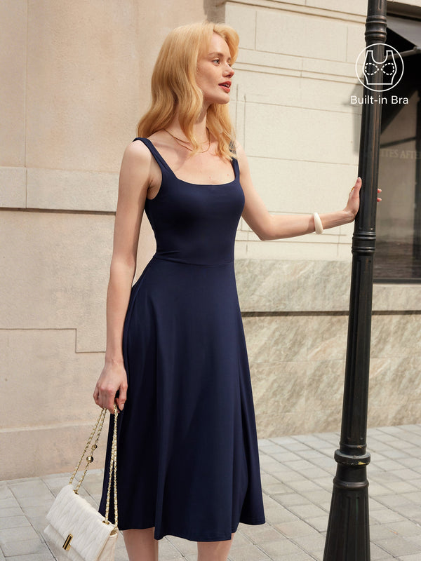 Square Neck Flowy New Airy Bra Midi Dress
