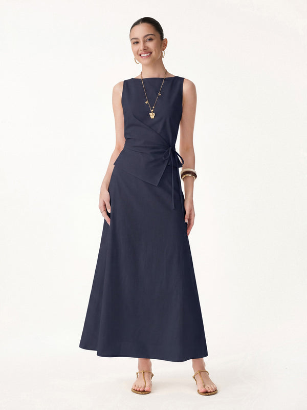 2Pcs Set Boatneck Waist-Defined Top & Maxi Flared Pull-On Skirt