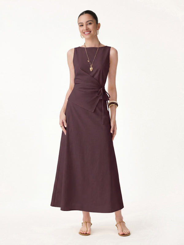 2Pcs Set Boatneck Waist-Defined Top & Maxi Flared Pull-On Skirt