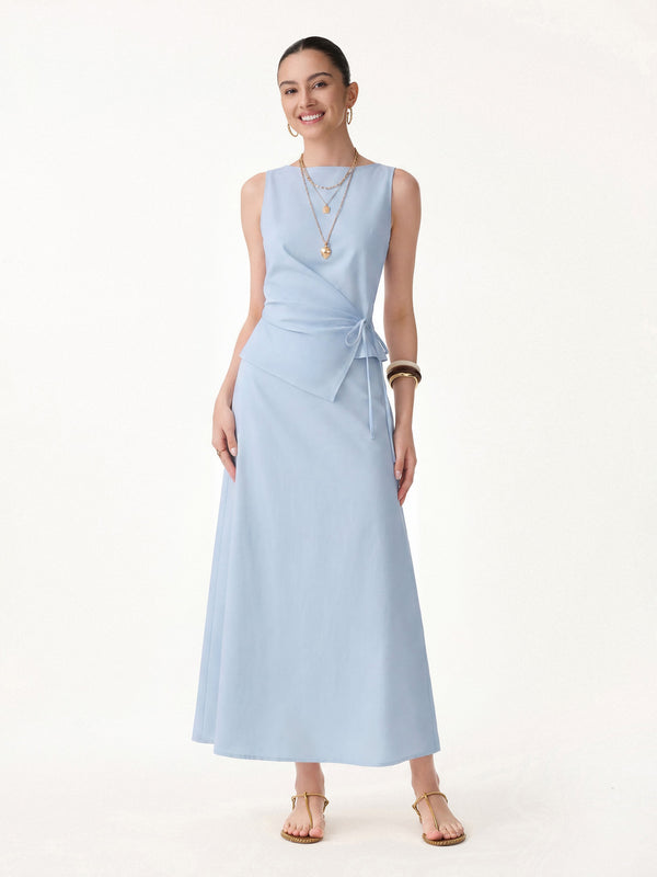2Pcs Set Boatneck Waist-Defined Top & Maxi Flared Pull-On Skirt