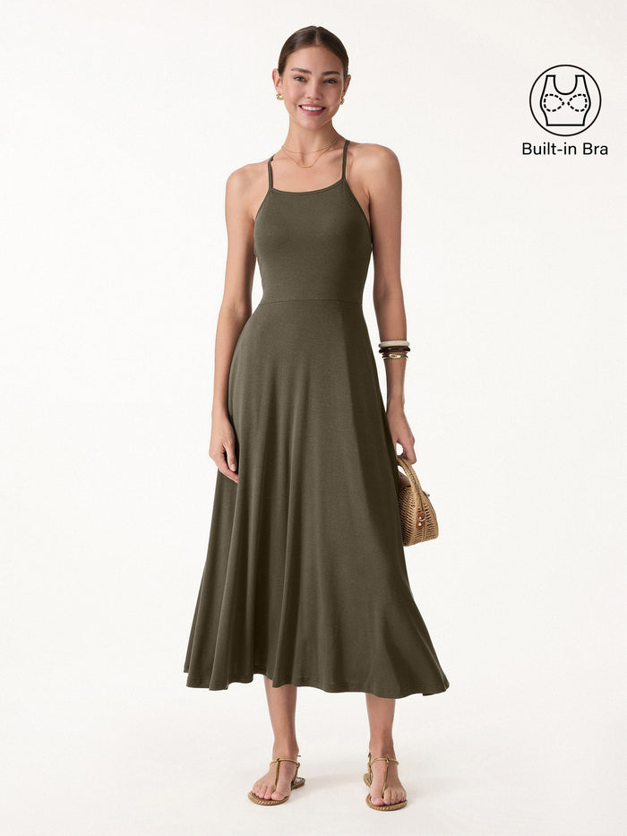 Soft Linen Knit Spaghetti Midi Bra Dress