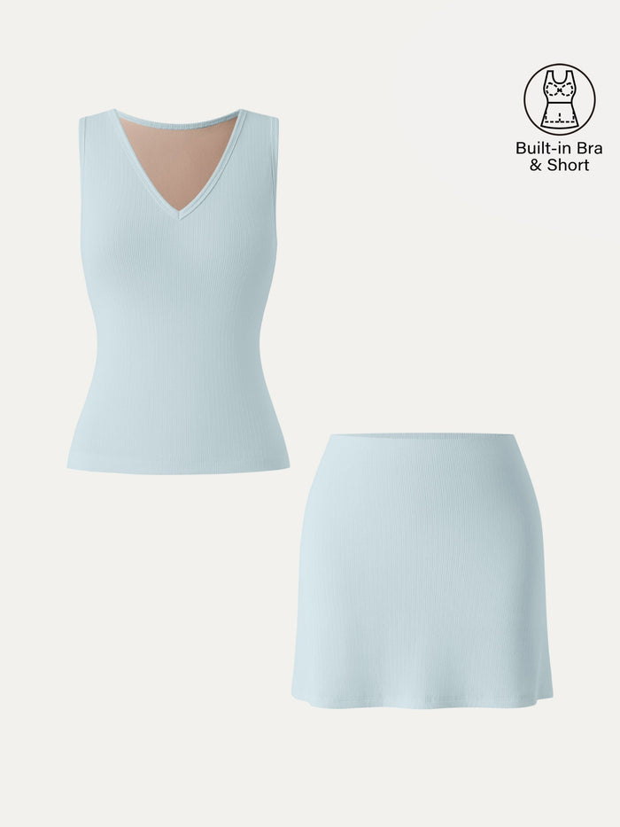 2Pcs Set V-neck Sleeveless Bra Tank & A-line Mini Skirt with Built-in Shorts
