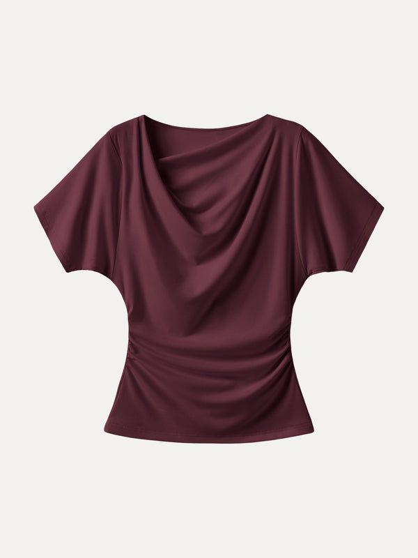 Asymmetrical Cowl Neck Ruched Top