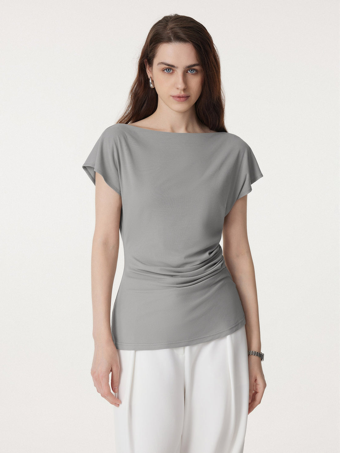 Boatneck Flutter Sleeve Side Tucked Long Tee
