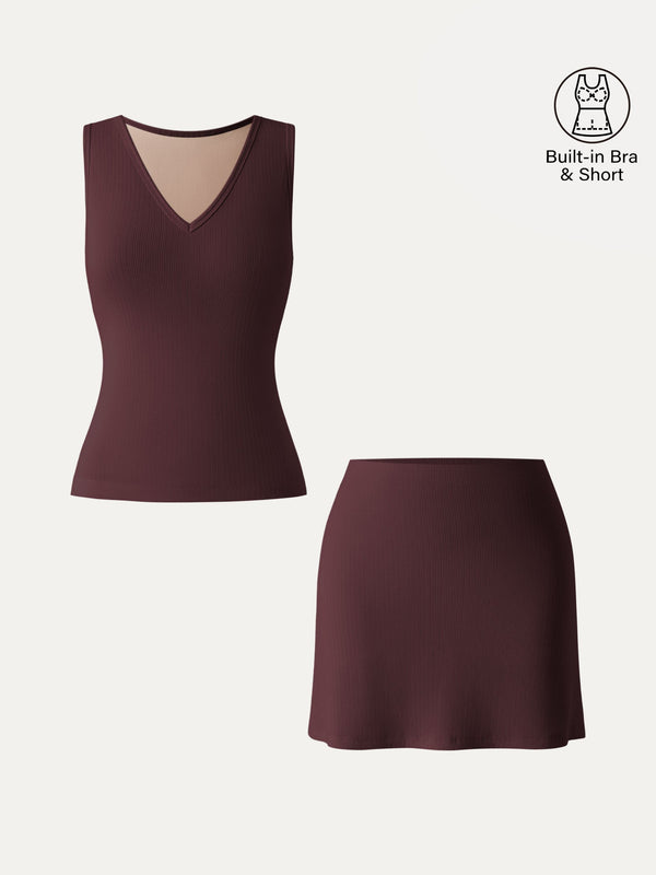 2Pcs Set V-neck Sleeveless Bra Tank & A-line Mini Skirt with Built-in Shorts