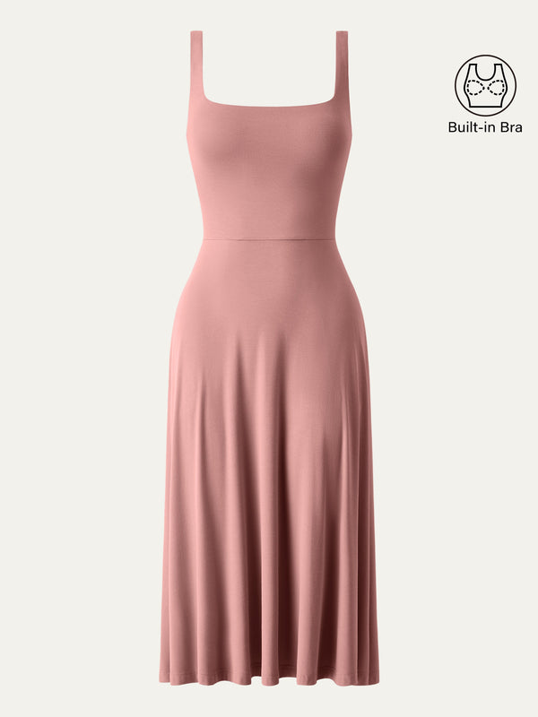 Square Neck Flowy New Airy Bra Midi Dress
