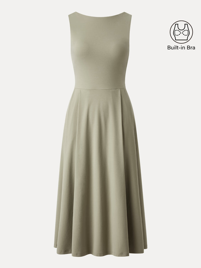 Boatneck Bamboo Ponte Bra Midi Dress with Pockets