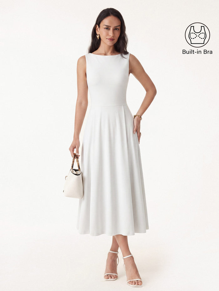 Boatneck Bamboo Ponte Bra Midi Dress with Pockets