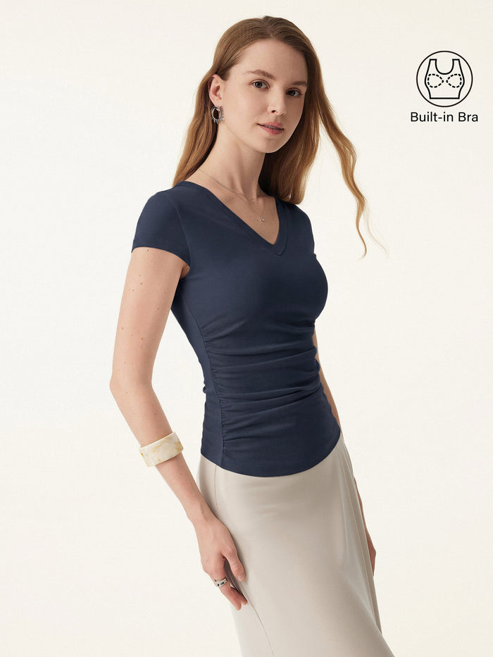 Elevated V-neck Side Ruched Cap Sleeve Bra Tee