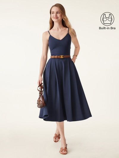 Bamboo Ponte V-neck Fit-and-flare Midi Bra Sundress with Pockets