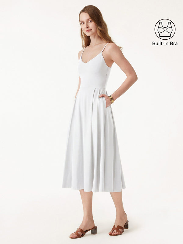 Bamboo Ponte V-neck Fit-and-flare Midi Bra Sundress with Pockets