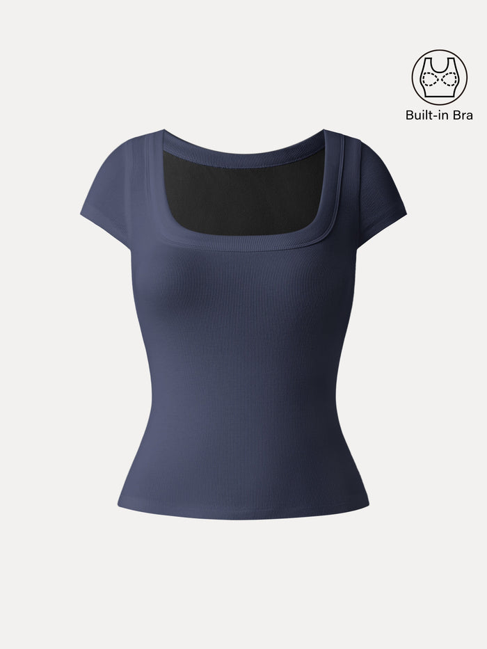Stretch Cotton Square Neck Cap Sleeve Bra Top