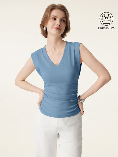 Stretch Cotton V-neck Side Ruched Muscle Bra Top