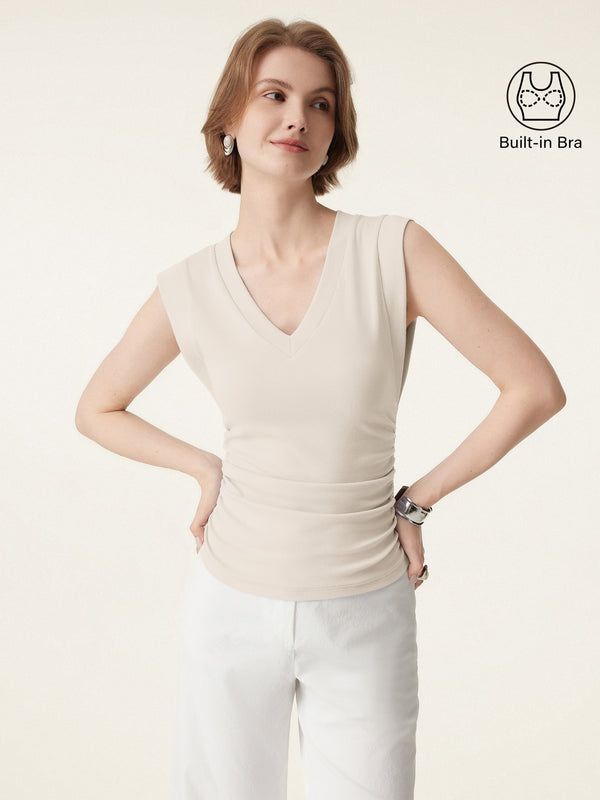 Stretch Cotton V-neck Side Ruched Muscle Bra Top