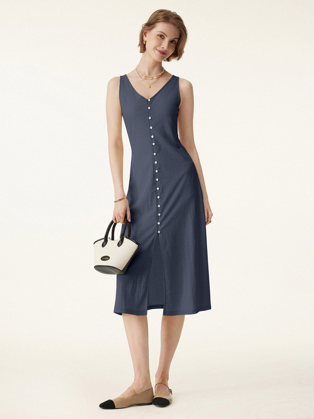 2Pcs Set V-neck Button Front Midi Vest Dress & Mid Rise Straight Leg Pant