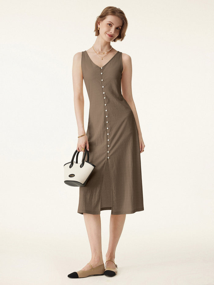 2Pcs Set V-neck Button Front Midi Vest Dress & Mid Rise Straight Leg Pant
