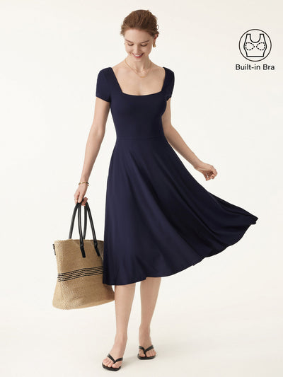 Flowy Square Neck Short Sleeve Midi Bra Dress