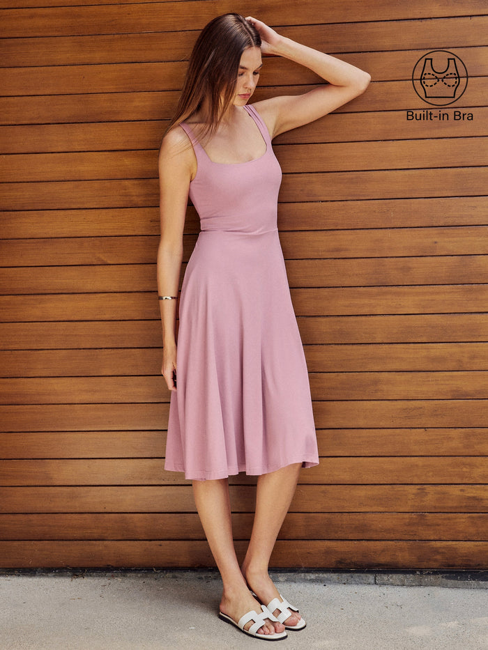 Square Neck Flowy New Airy Bra Midi Dress