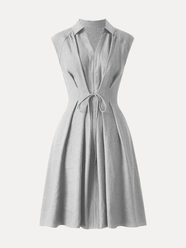 Viscose-Linen Collared V-neck Midi Dress with Drawstring