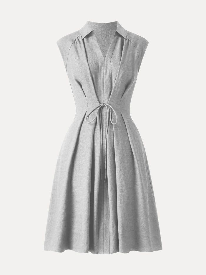 Viscose-Linen Collared V-neck Midi Dress with Drawstring