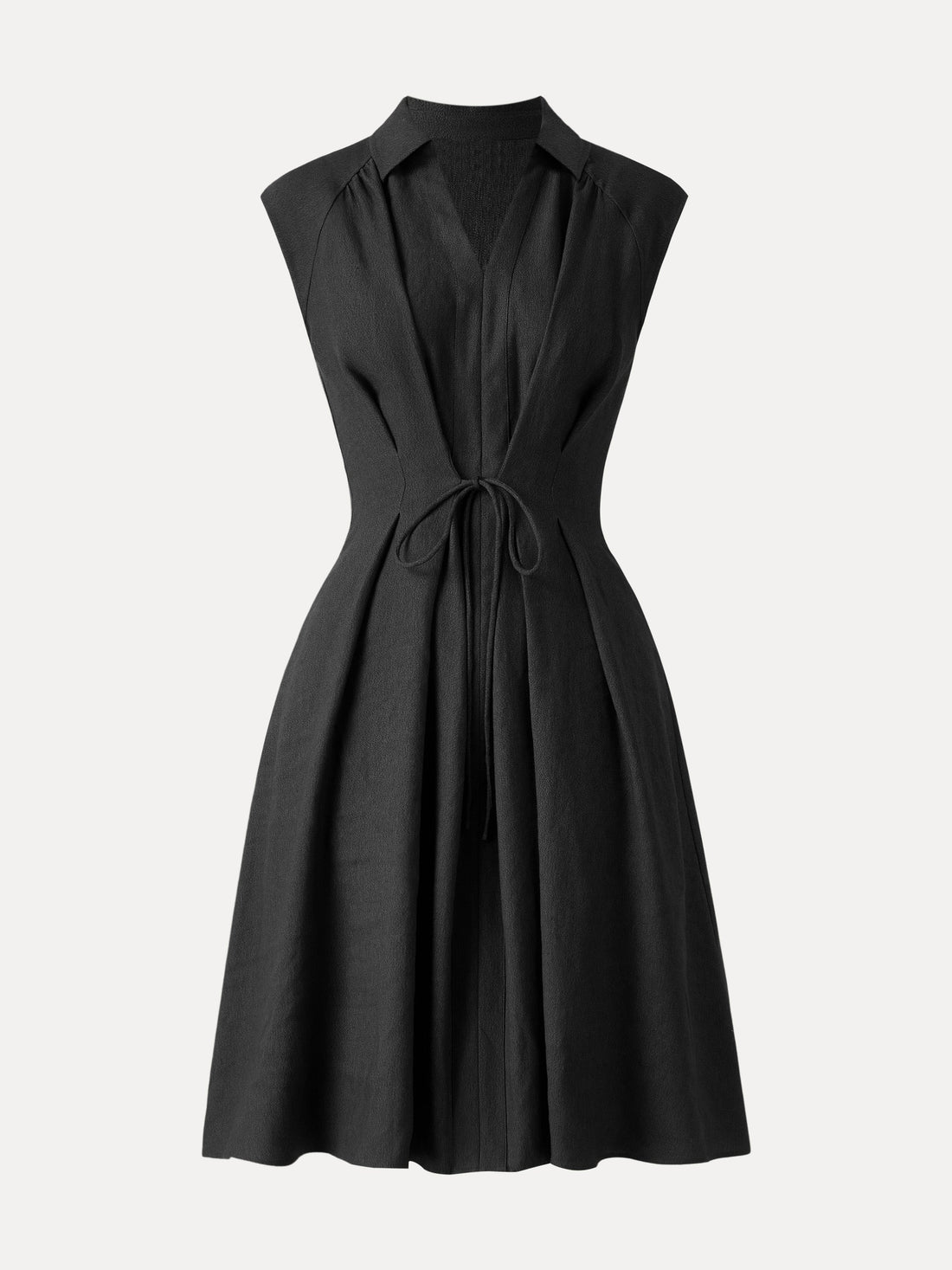 Viscose-Linen Collared V-neck Midi Dress with Drawstring