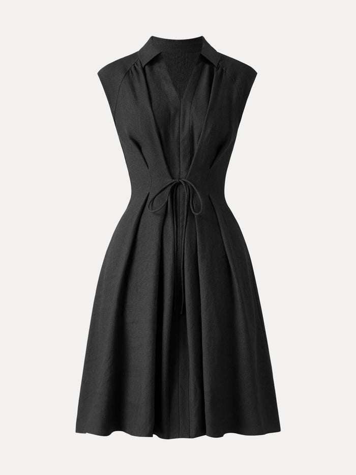 Viscose-Linen Collared V-neck Midi Dress with Drawstring