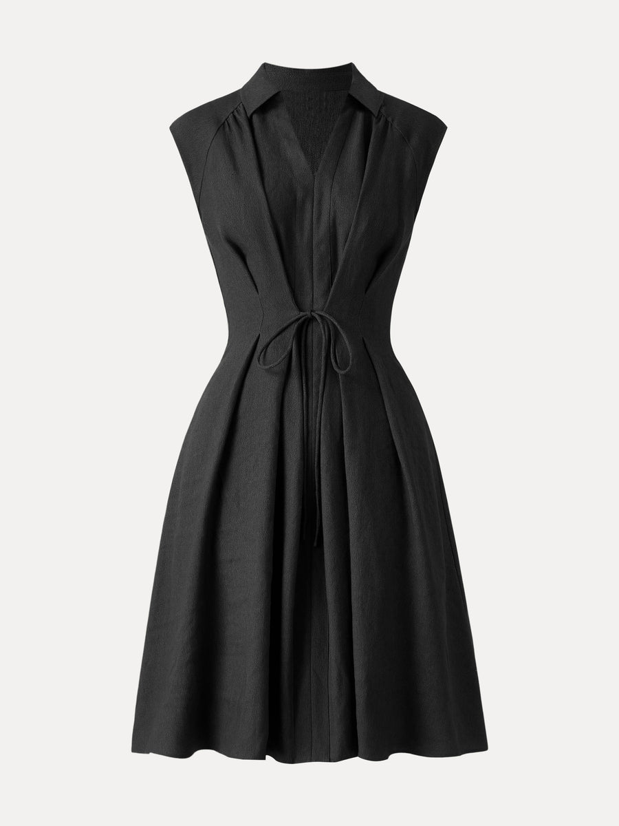 Viscose-Linen Collared V-neck Midi Dress with Drawstring