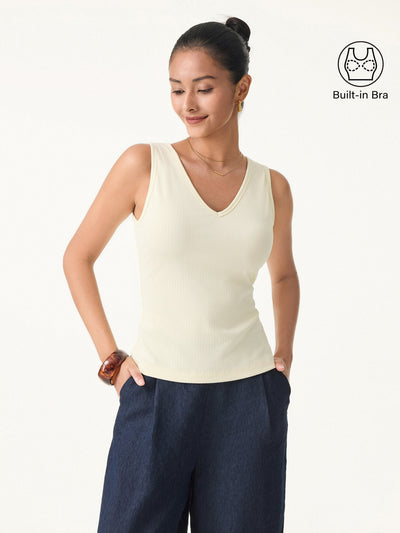 Stretch Cotton Pointelle V-neck Sleeveless Bra Tank