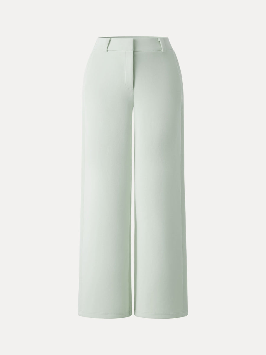 Stretchy Mid Rise Fly-Front Wide Leg Trouser