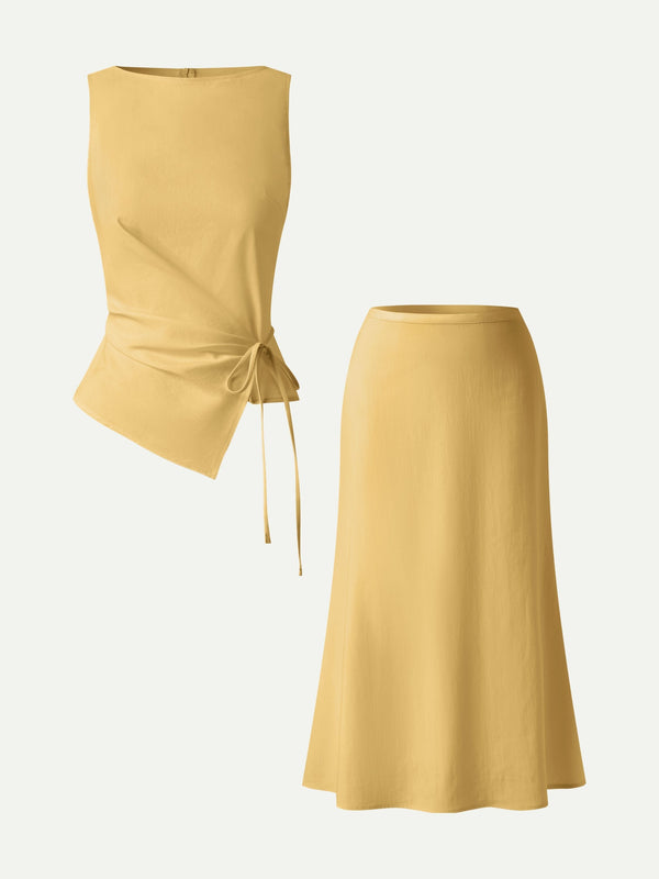 2Pcs Set Boatneck Waist-Defined Top & Maxi Flared Pull-On Skirt
