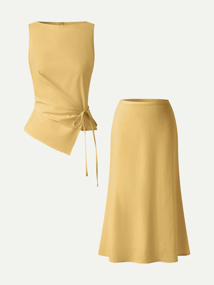 2Pcs Set Boatneck Waist-Defined Top & Maxi Flared Pull-On Skirt