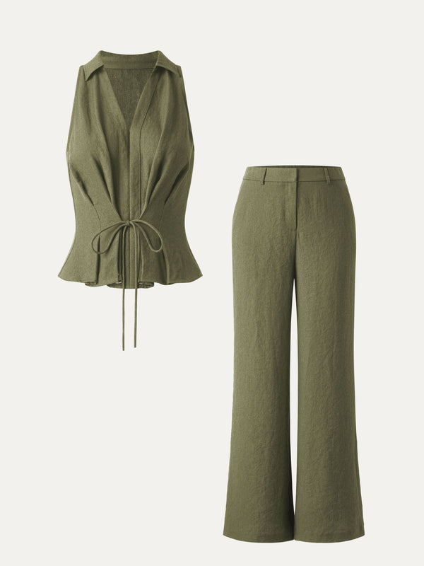 2Pcs Set Collared V-neck Sleeveless Top & Mid Rise Flared Pant with Pockets