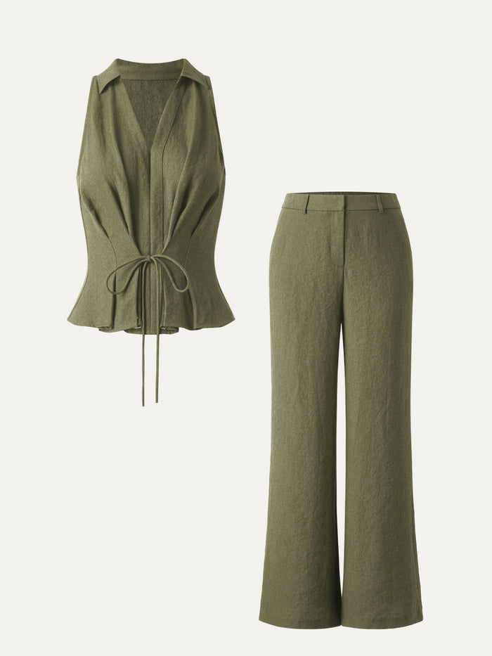 2Pcs Set Collared V-neck Sleeveless Top & Mid Rise Flared Pant with Pockets