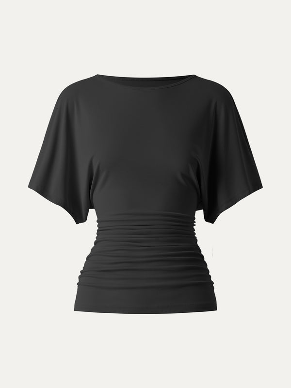 Effortless Boatneck Batwing Sleeve Side Ruched Top