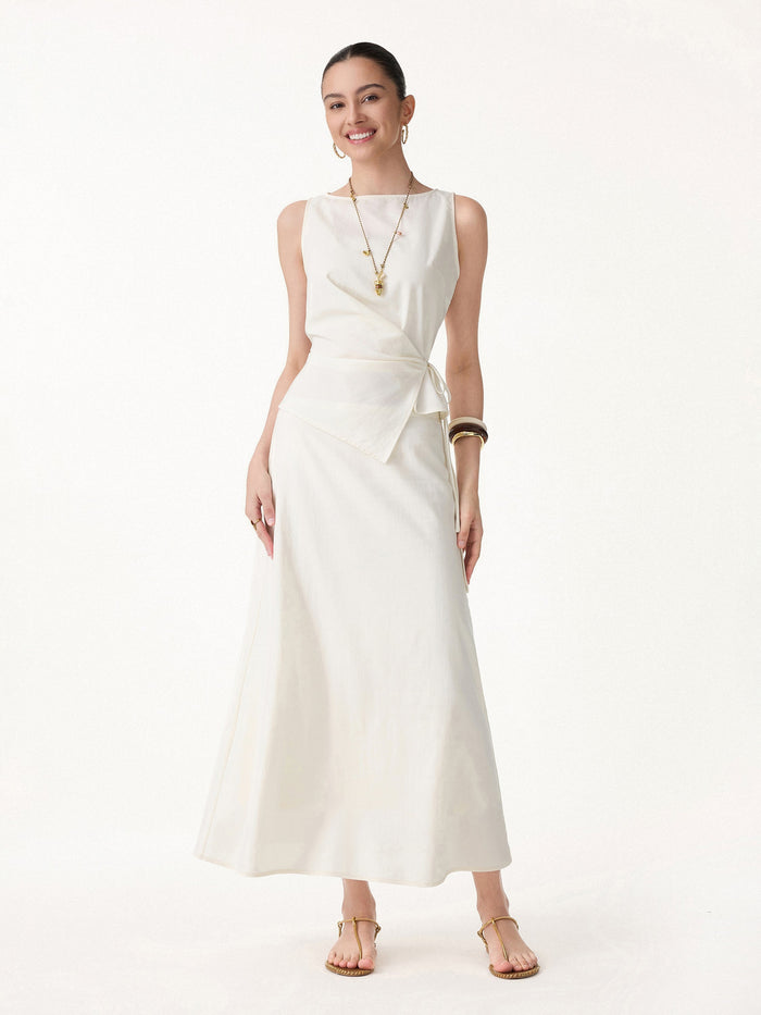 2Pcs Set Boatneck Waist-Defined Top & Maxi Flared Pull-On Skirt