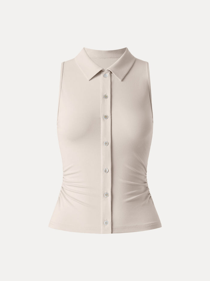 Collared Faux Button Placket Side Ruched Vest Top